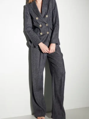 Luisa Cerano spodnie damskie lniane wide leg granatowe