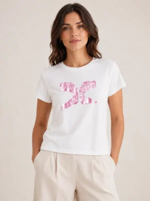 Luisa Cerano t-shirt damski bawełniany z metalicznym nadrukiem biały